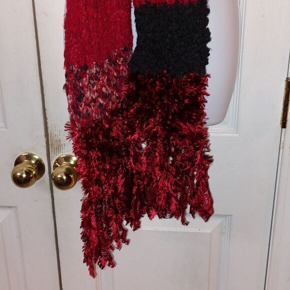 Cejon red black scarf soft fuzzy multi texture scarf - Picture 2 of 10